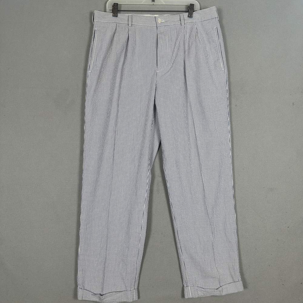 Brooks Brothers 346 Pants Mens 36X30 Seersucker Blue White Pleated Cuffed EUC